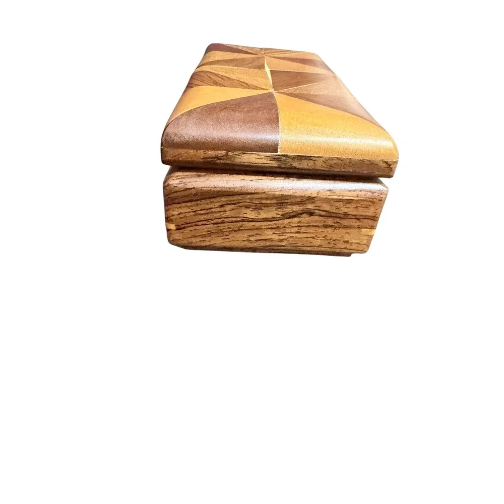 Boho Marquetry Wood Inlay Trinket Box Brown Geometric Parquetry Lined